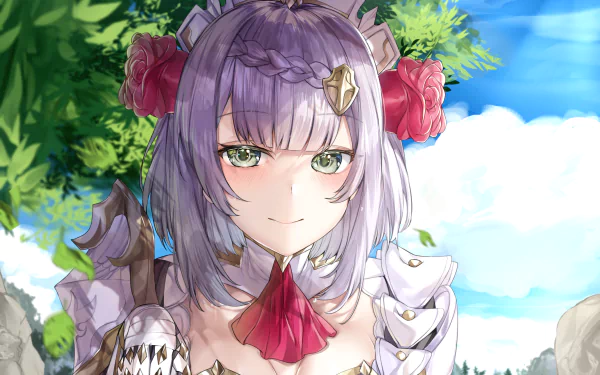 A high-definition desktop wallpaper featuring Noelle from Genshin Impact with green eyes and grey hair, set against a bright and lush outdoor background.