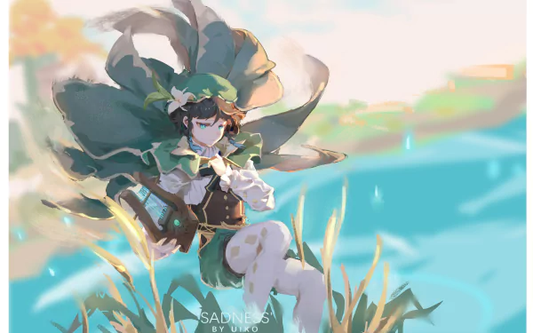 Venti from Genshin Impact is depicted in vibrant 4K Ultra HD artwork, set against a bright sky and grassy field, designed as a PC desktop wallpaper background.