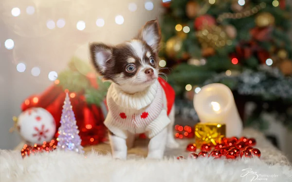 2K Quad HD PC wallpaper: chihuahua Christmas dog wearing a cozy sweater beside a decorated Christmas tree with ornaments and festive decorations.