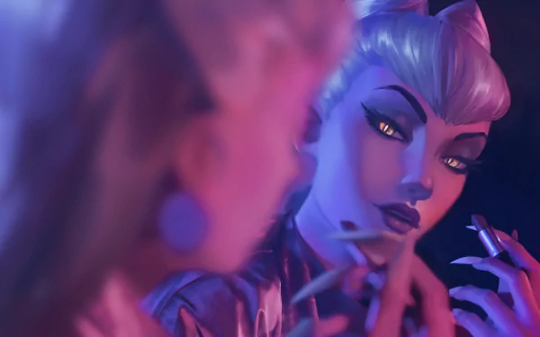 Close-up 4K PC desktop wallpaper of K/DA's Evelynn (League of Legends) in K-pop style: purple neon lighting, sultry expression, long nails and glossy makeup, cinematic video game portrait.