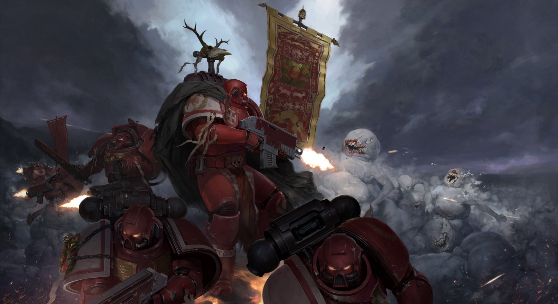 HD PC desktop wallpaper from the Warhammer 40k video game, featuring armored Space Marines battling ghostly enemies under a stormy sky.