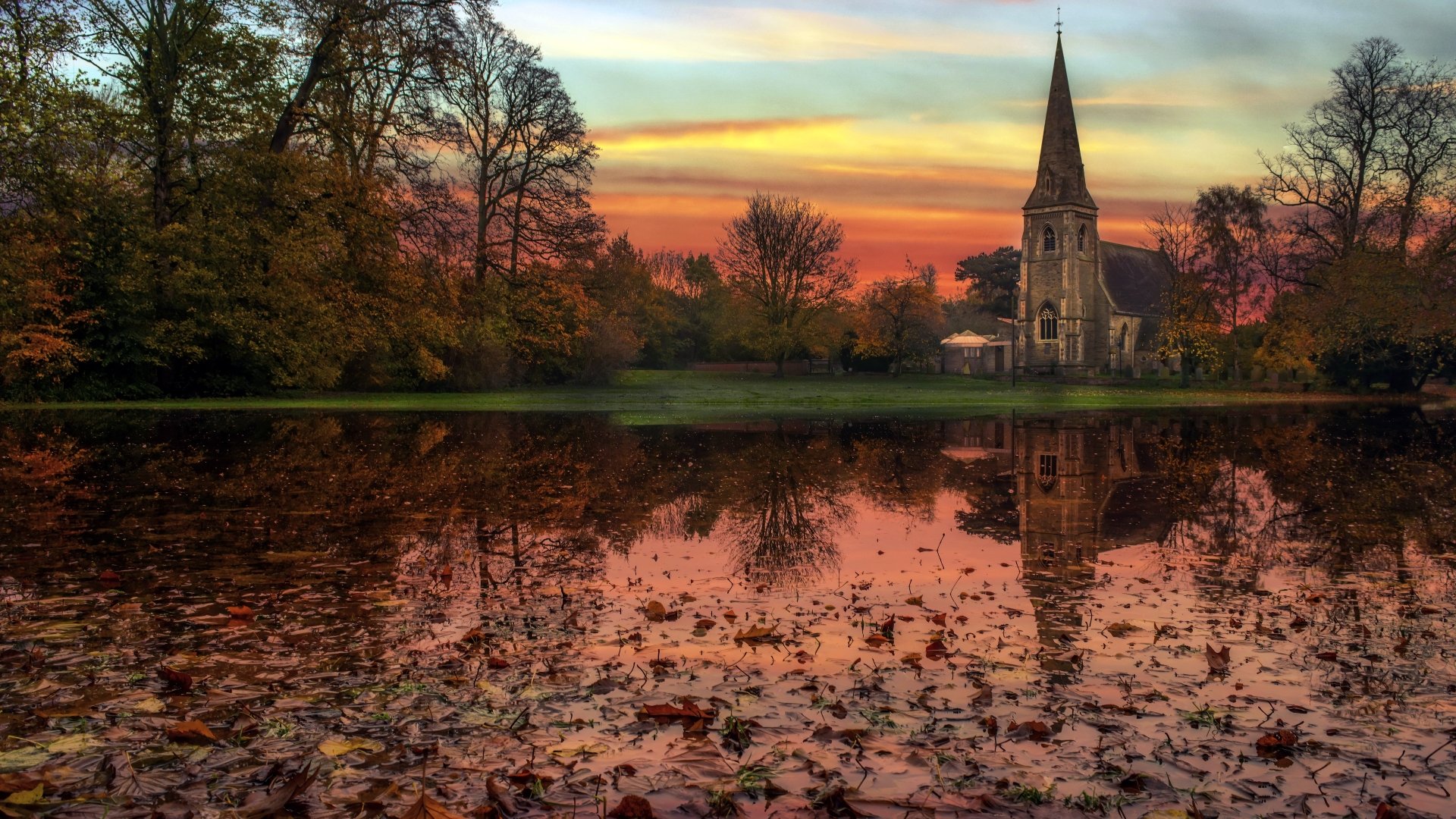 Download Sunset Reflection Fall Religious Church 4k Ultra HD Wallpaper