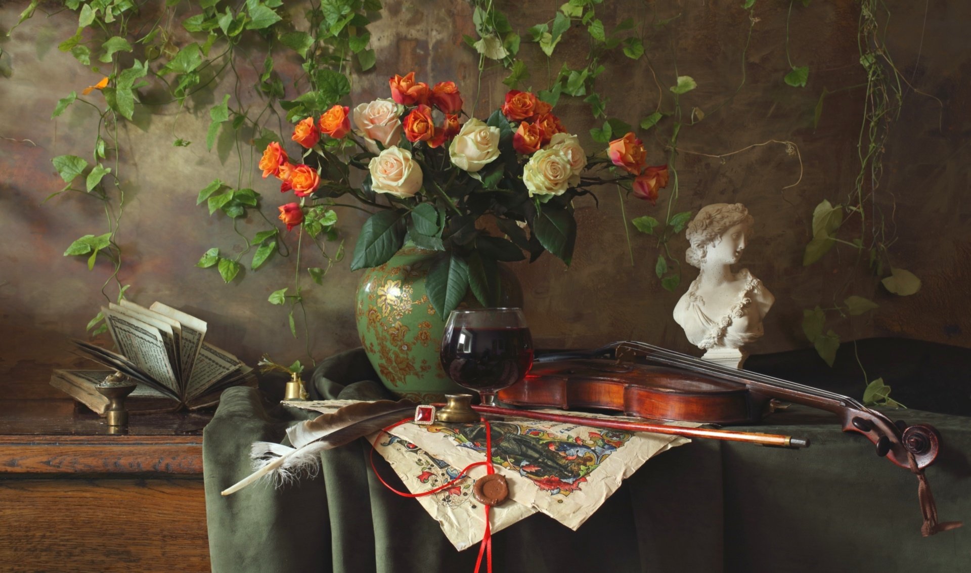 Download Sculpture Book Violin Vase Rose Bouquet Photography Still Life HD Wallpaper by Andrey Morozov