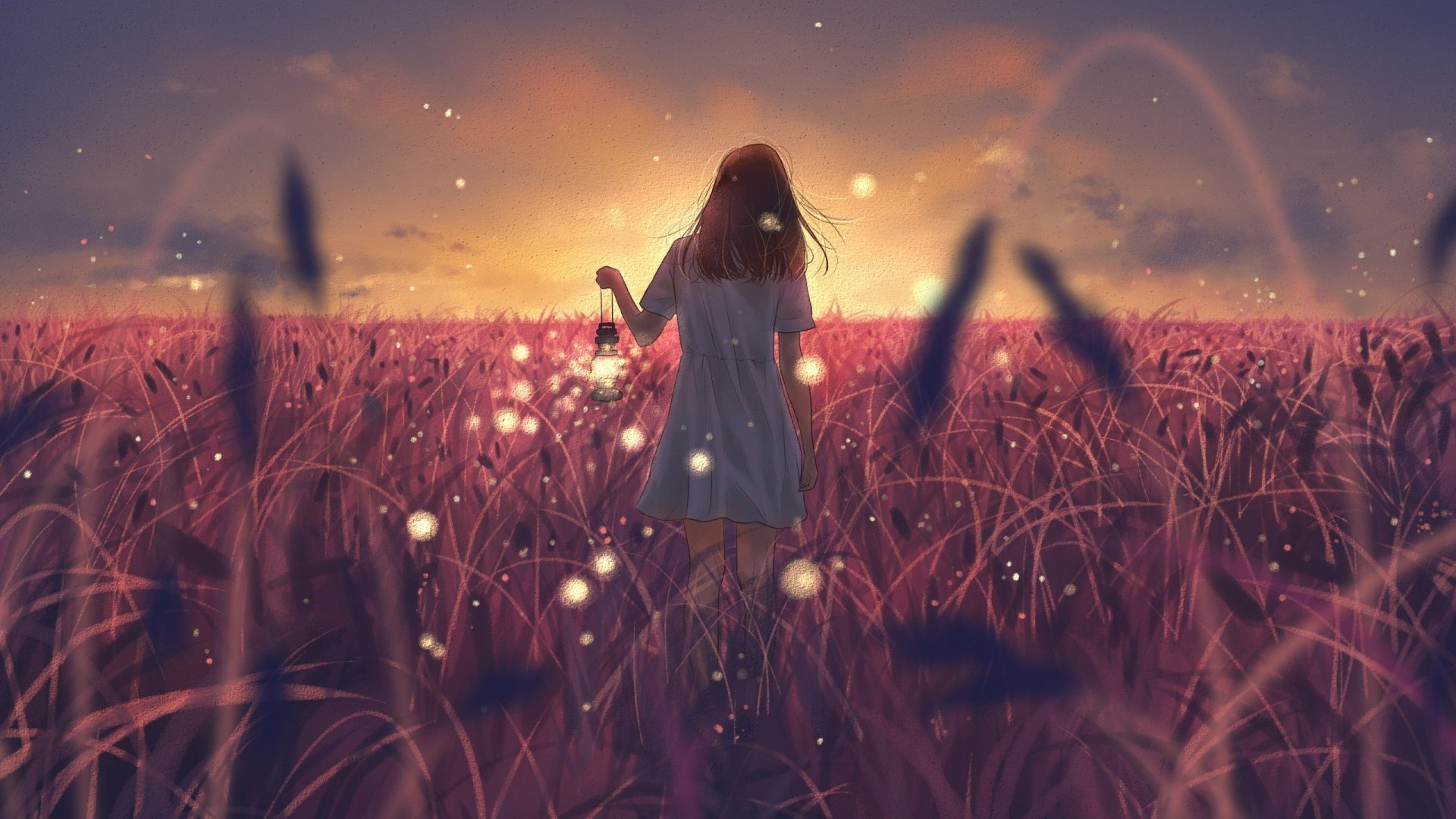 Anime-style girl standing in a glowing field at sunset, depicted in vibrant colors as an HD PC desktop wallpaper and background.