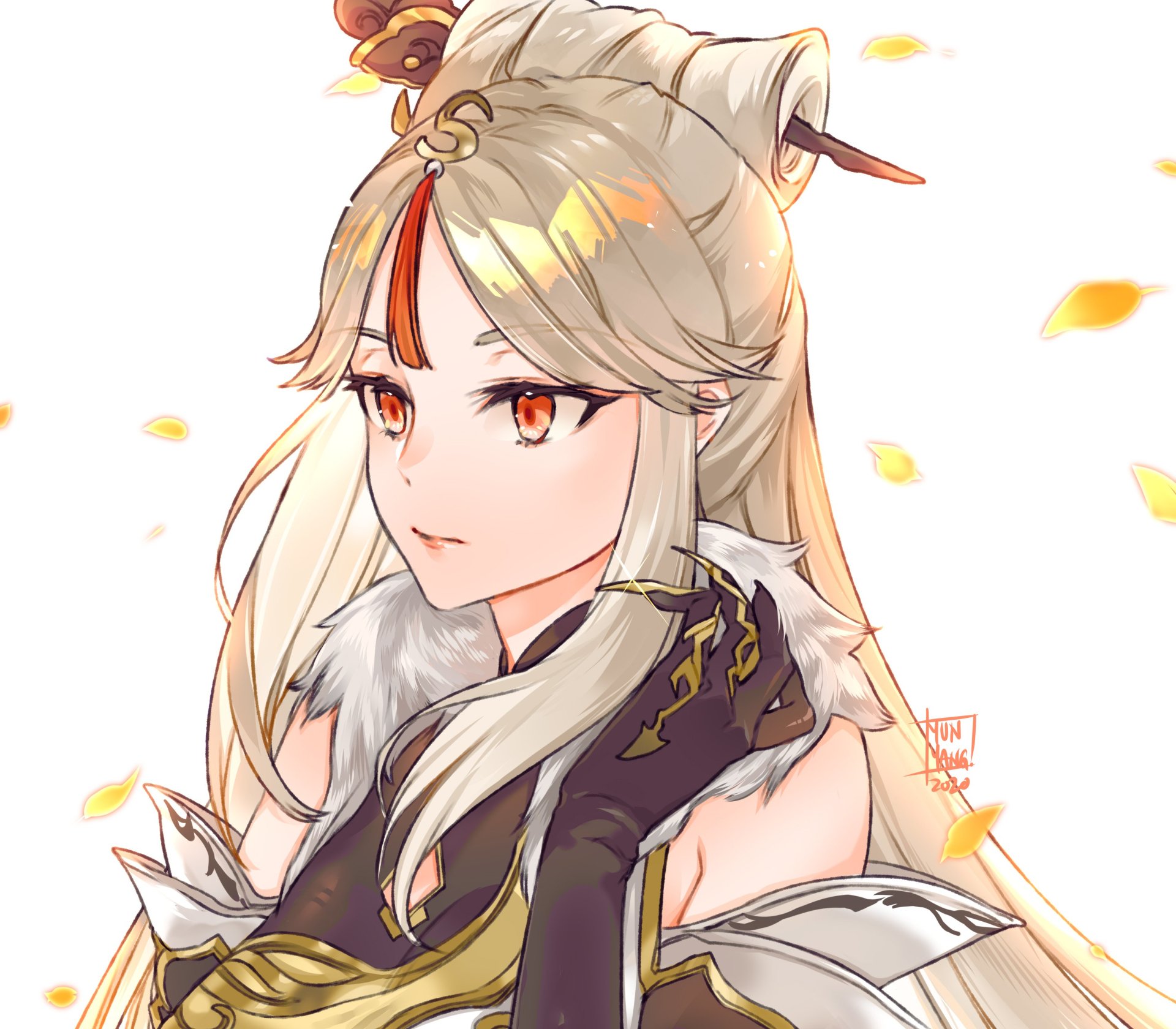 HD PC desktop wallpaper featuring Ningguang from Genshin Impact with long hair and striking orange eyes, surrounded by falling golden leaves.