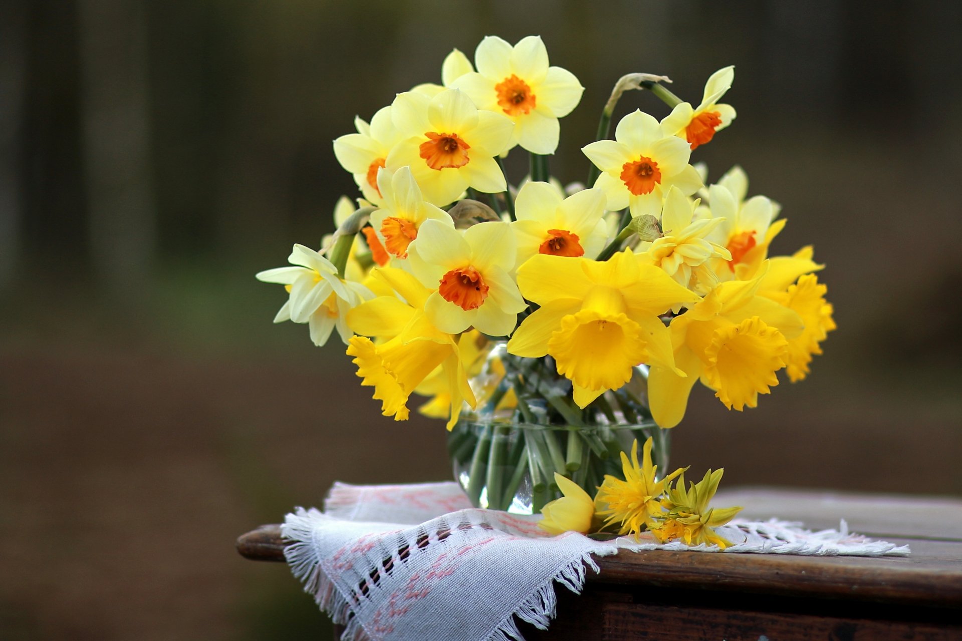 Download Daffodil Napkin Table Vase Man Made Flower 4k Ultra HD Wallpaper