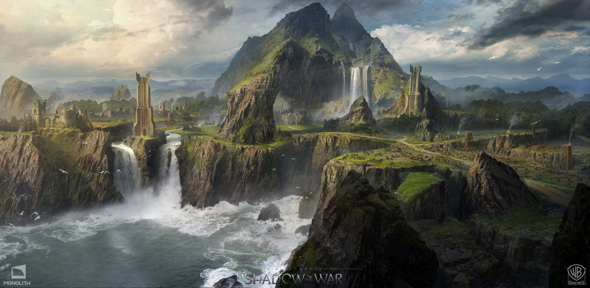 HD PC desktop wallpaper from the video game Middle-earth: Shadow of War, depicting a dramatic landscape with waterfalls, rocky cliffs, and a misty mountainous backdrop.