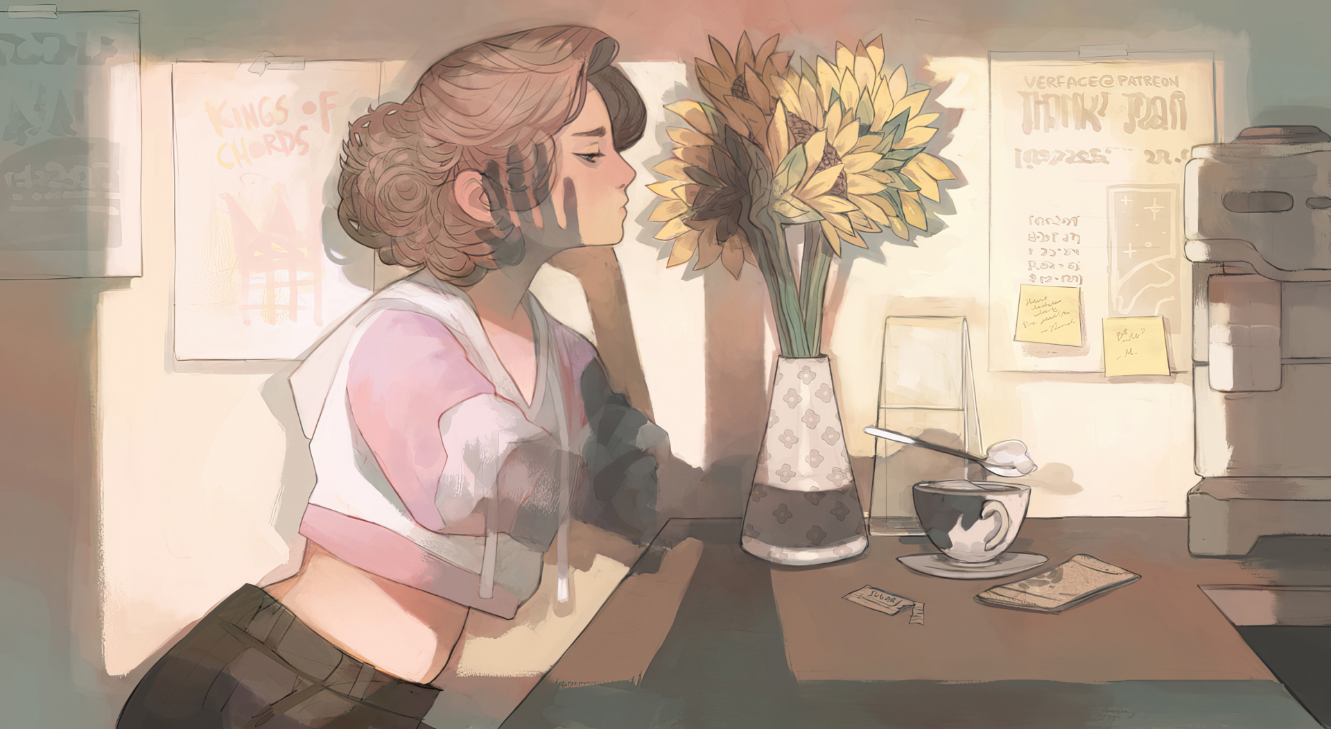 Anime woman leaning on a café counter, resting her chin on her hand; sunflowers in a vase, a teacup and notes nearby — 2K Quad HD PC desktop wallpaper.