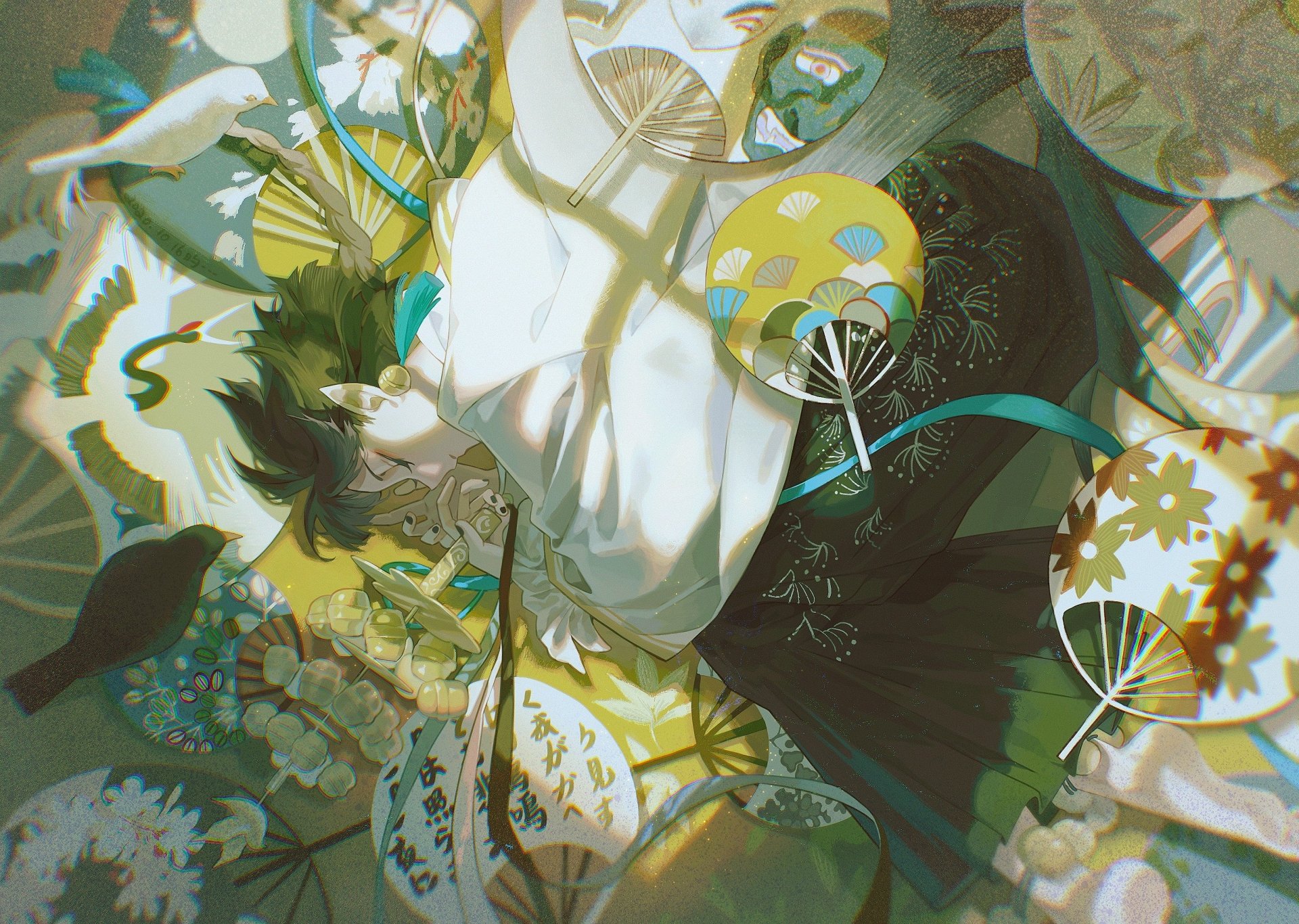 Anime boy surrounded by decorative fans and intricate patterns, creating a serene HD wallpaper and background.