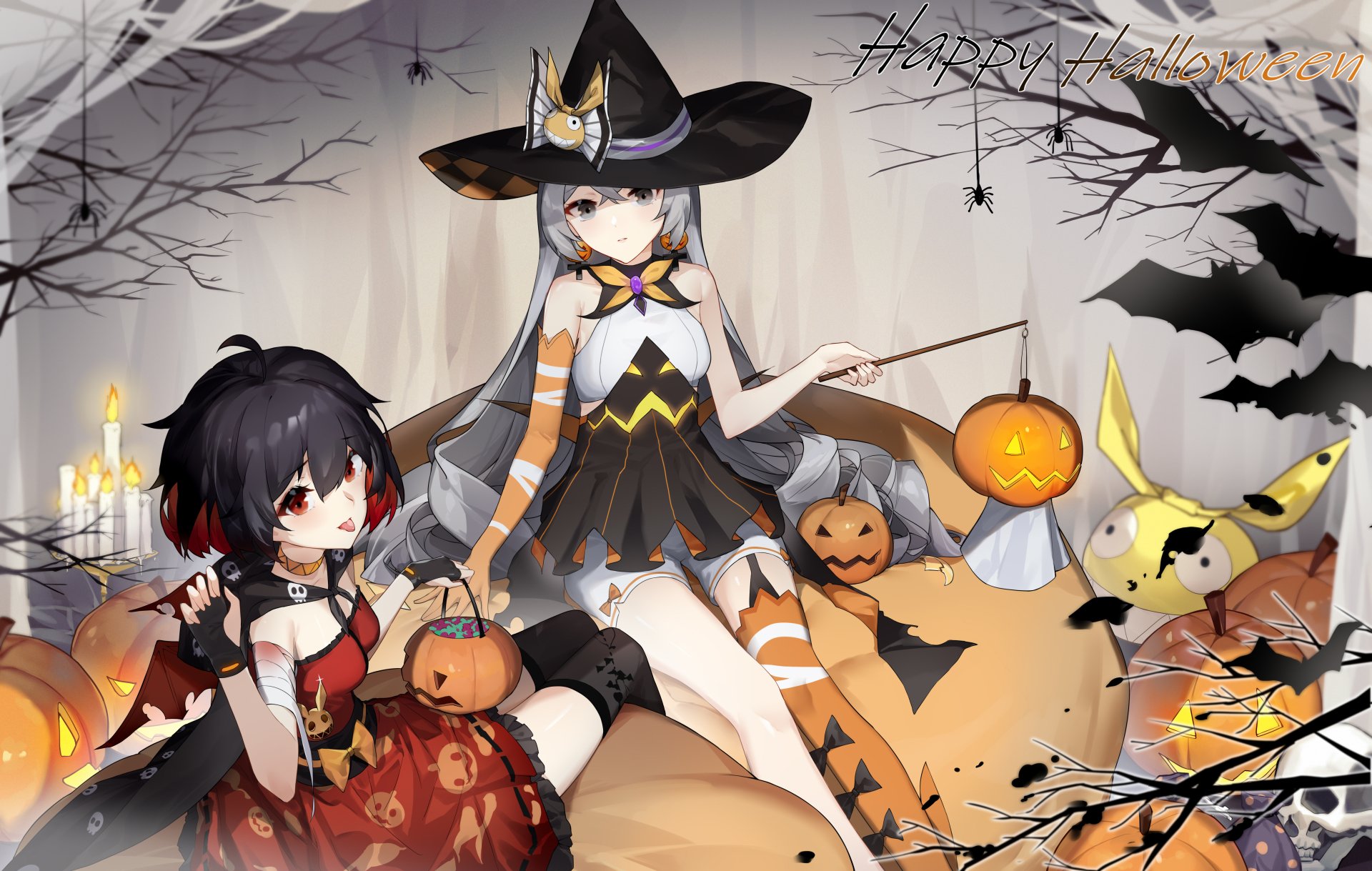 A 4K Ultra HD wallpaper featuring Seele Vollerei and Bronya Zaychik from Honkai Impact 3rd in Halloween-themed outfits with witch hats, thigh highs, and red eyes.