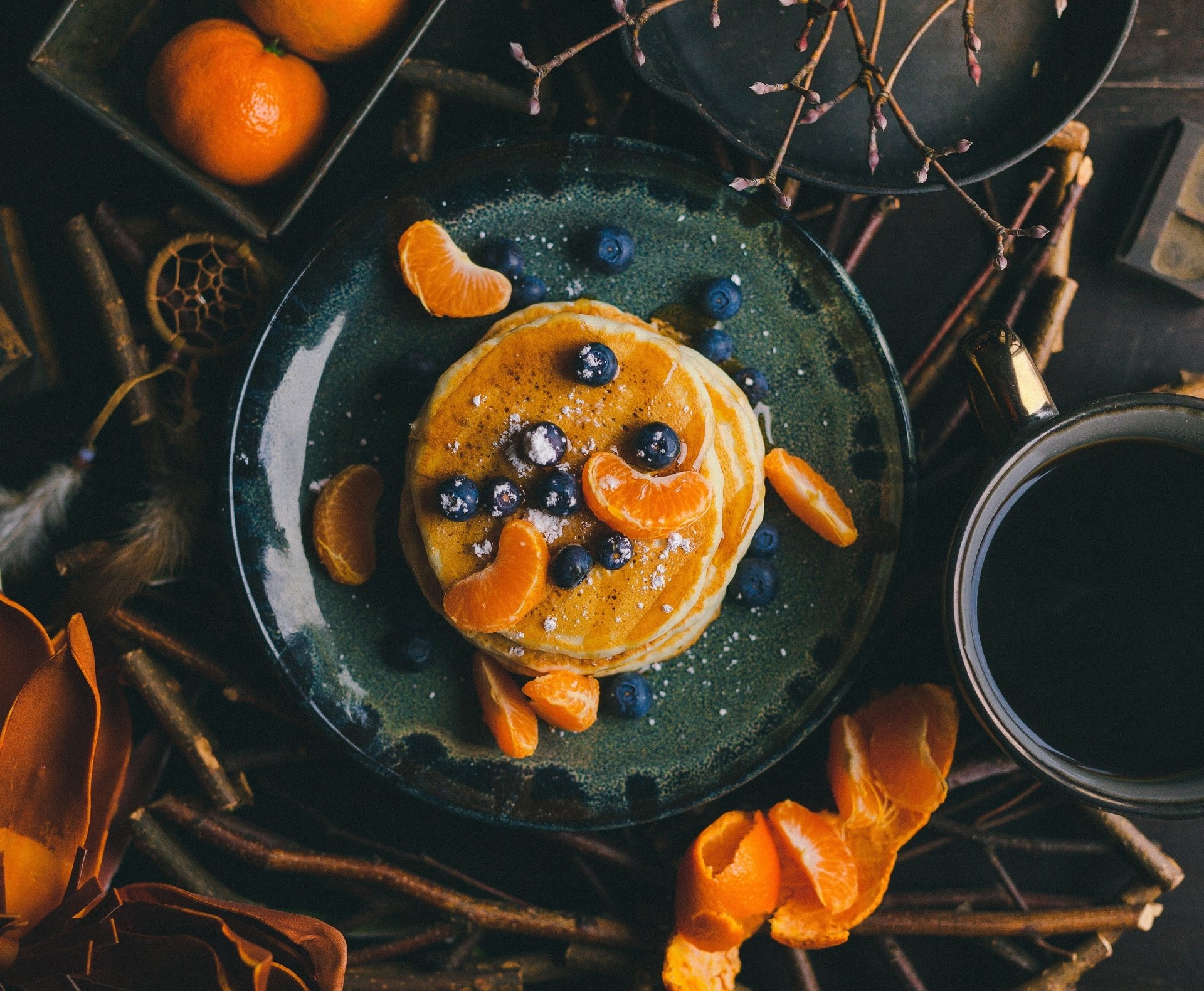 Download Still Life Breakfast Fruit Tangerine Blueberry Food Pancake HD Wallpaper