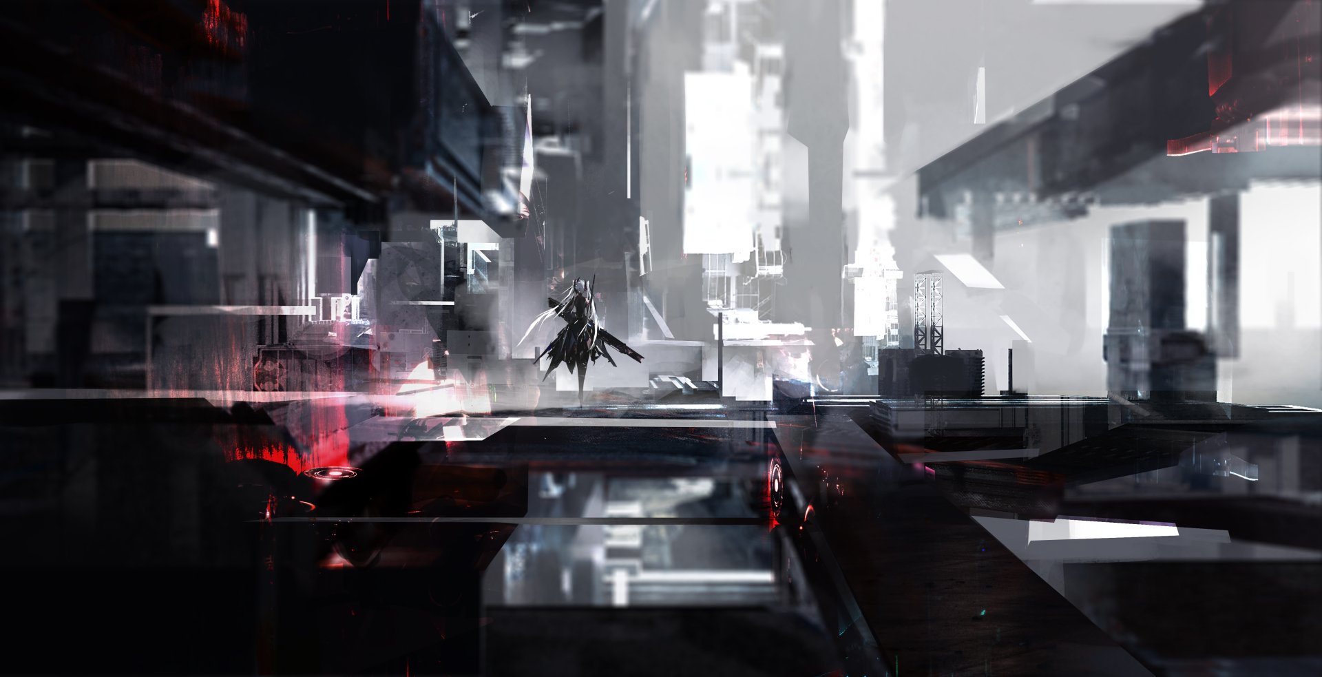Anime warrior with long hair stands in a dark, futuristic cityscape, rendered in striking 4K Ultra HD detail for a powerful PC desktop wallpaper background.