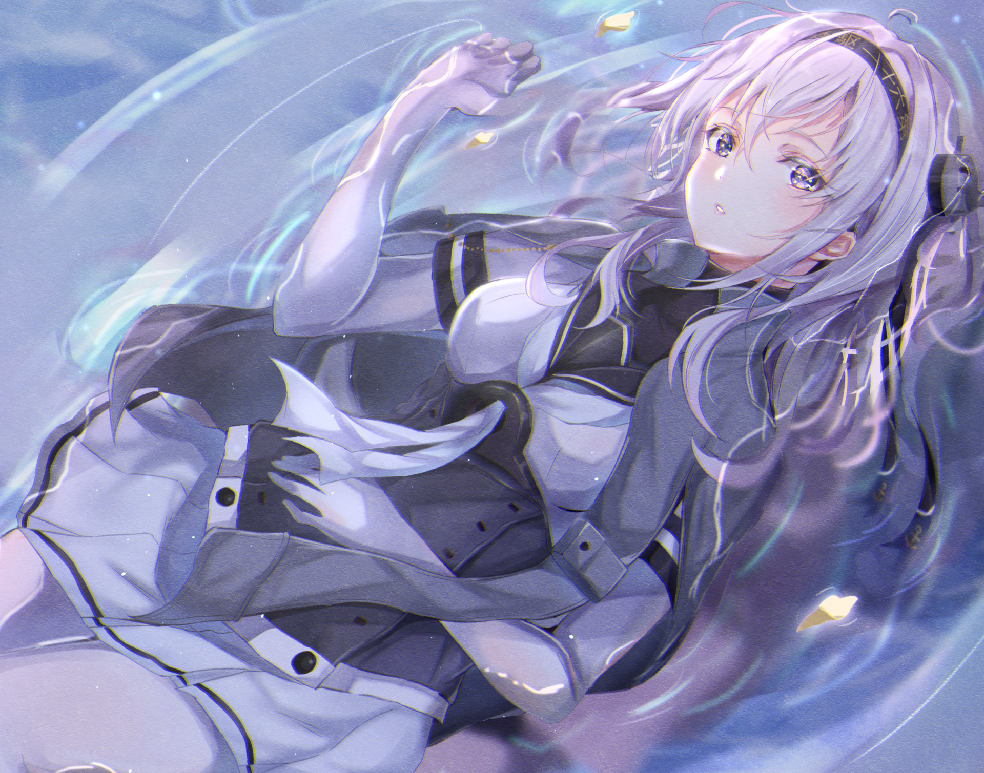 HD anime desktop wallpaper of Suzutsuki from Kantai Collection, featuring her white hair and school uniform with a skirt, surrounded by a watery, ethereal background.