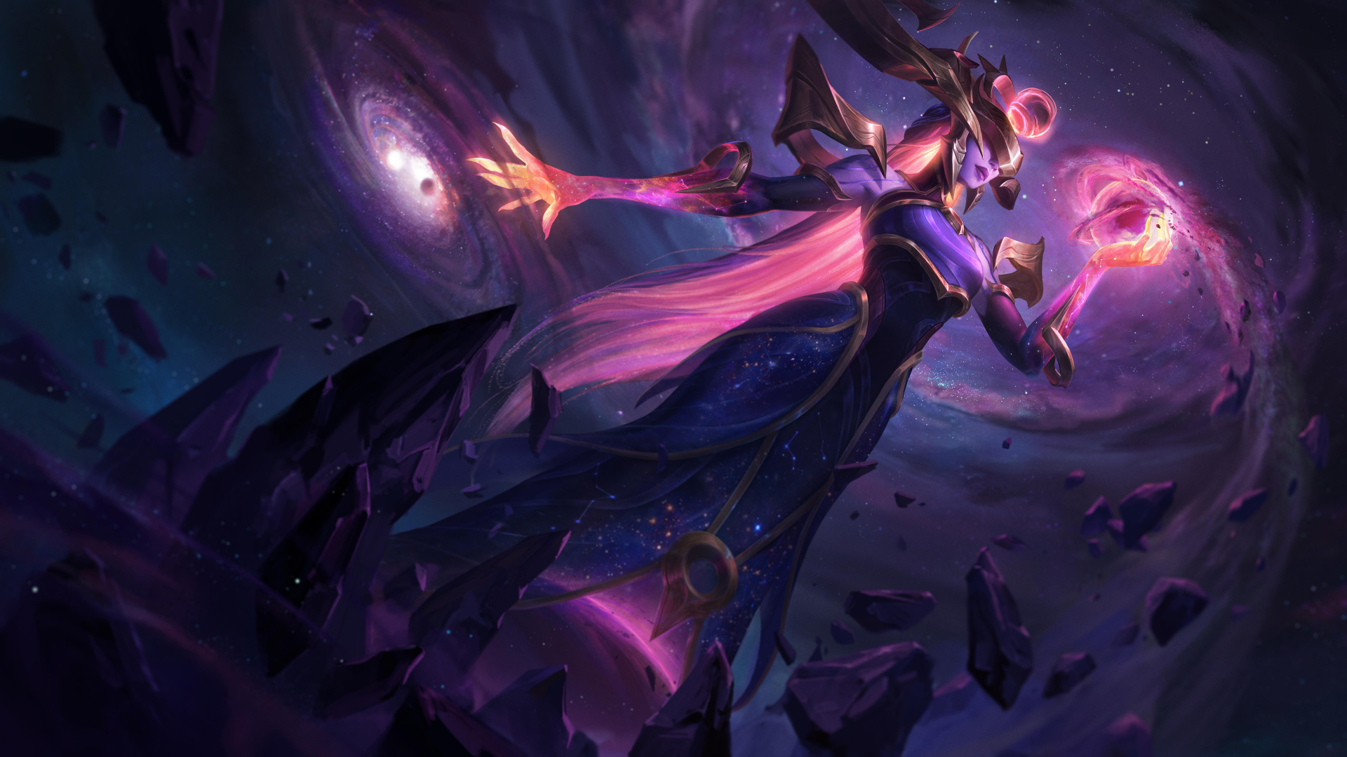 Lissandra from League of Legends showcases her icy powers against a cosmic, dark purple backdrop in this 4K Ultra HD video game desktop wallpaper.