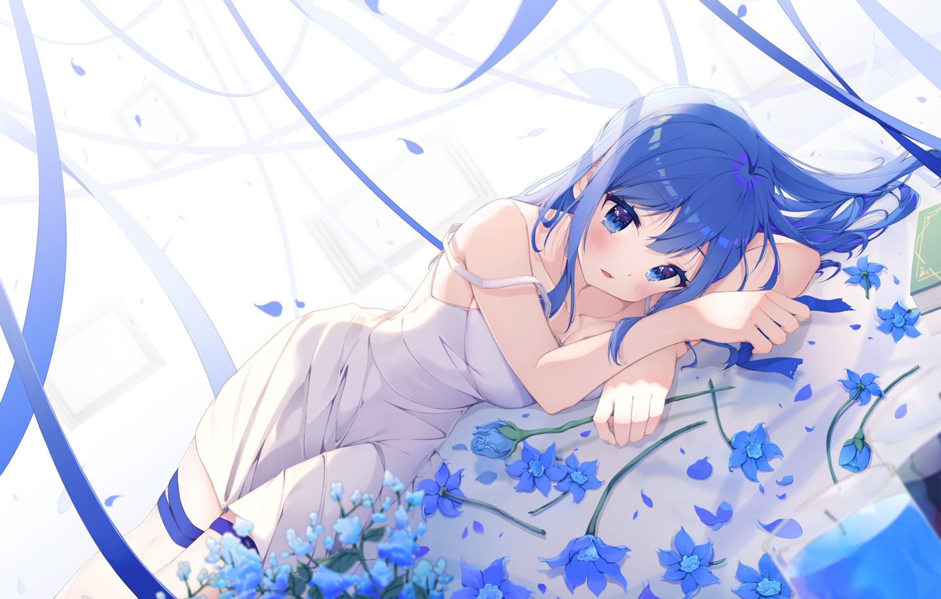 Anime girl with long blue hair and blue eyes in a white dress, lying among blue flowers — 2K Quad HD PC desktop wallpaper and background.