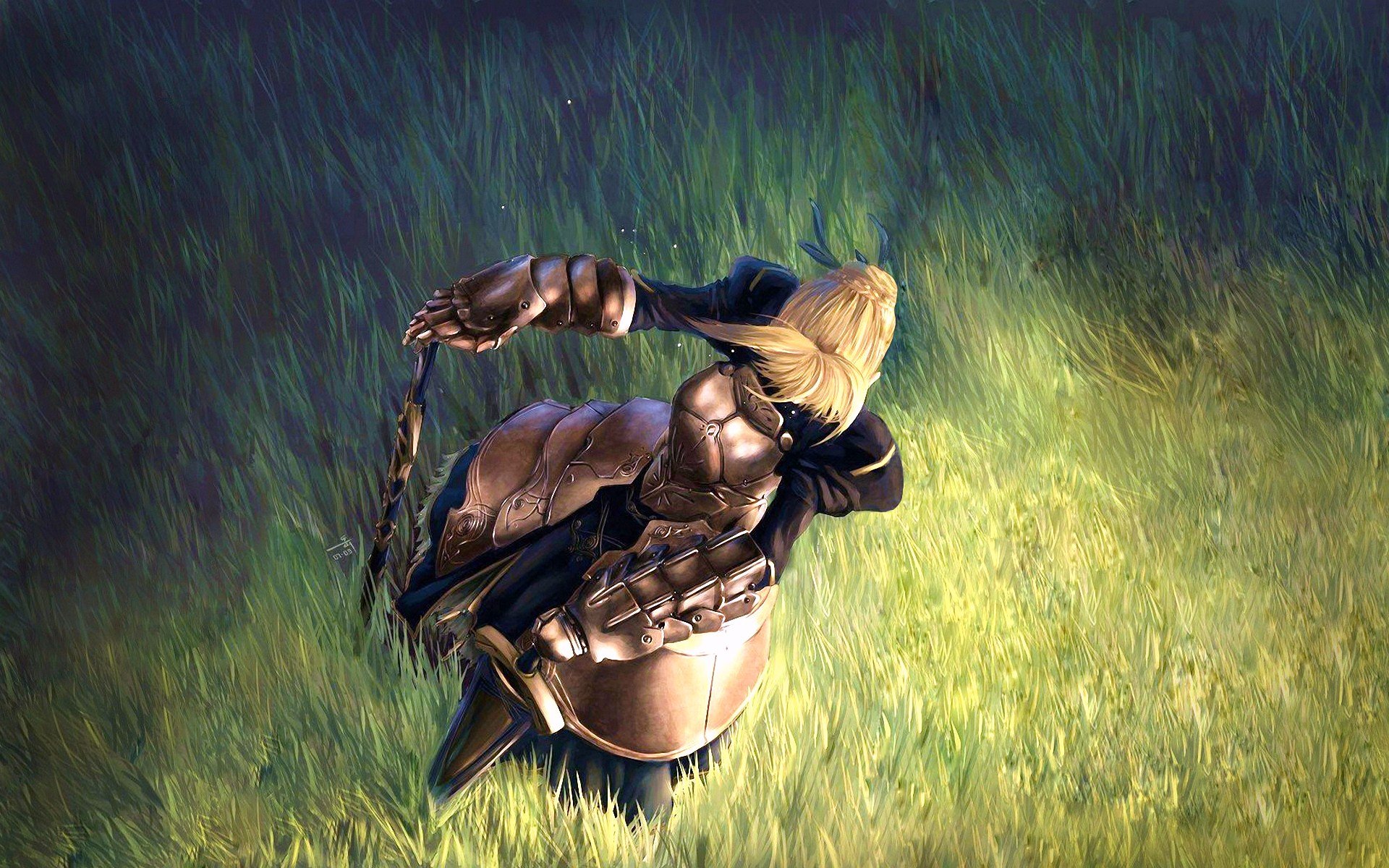 A captivating HD wallpaper featuring Saber from the Fate Series, dressed in shining armor and poised in an elegant stance amidst a lush green field, embodying the spirit of Fate/Stay Night.