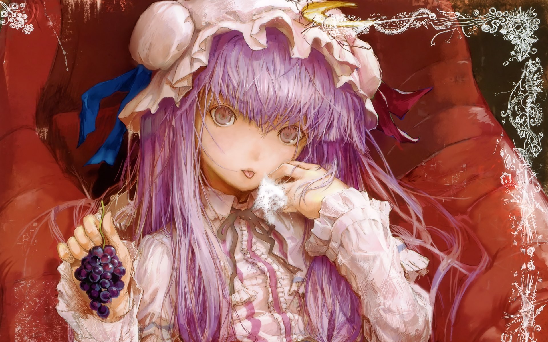 HD PC desktop wallpaper featuring Patchouli Knowledge from the anime Touhou, showcasing her with long purple hair, a frilled hat, and holding a cluster of grapes.