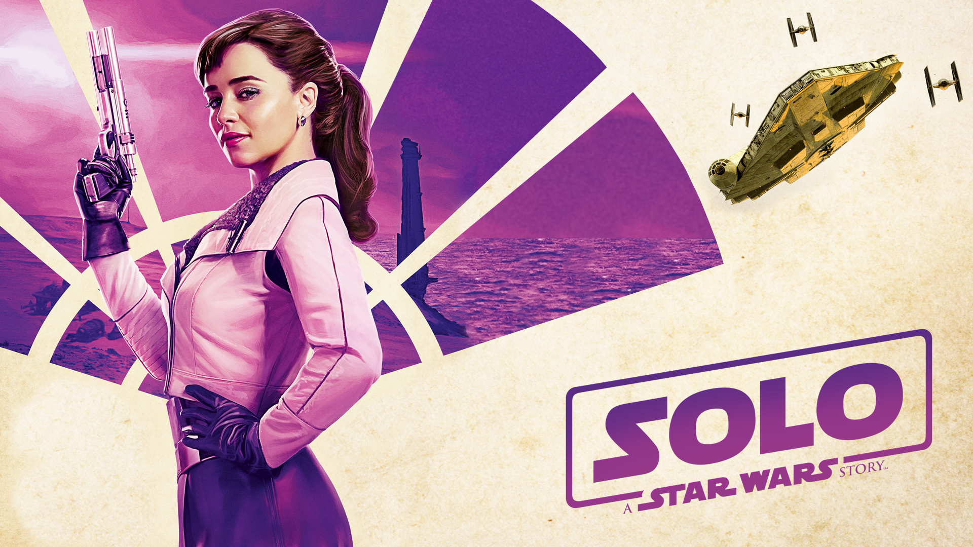 HD PC wallpaper of Qi'ra from the movie Solo: A Star Wars Story — posing with a blaster against a purple-hued skyline, with a Corellian freighter flying nearby.