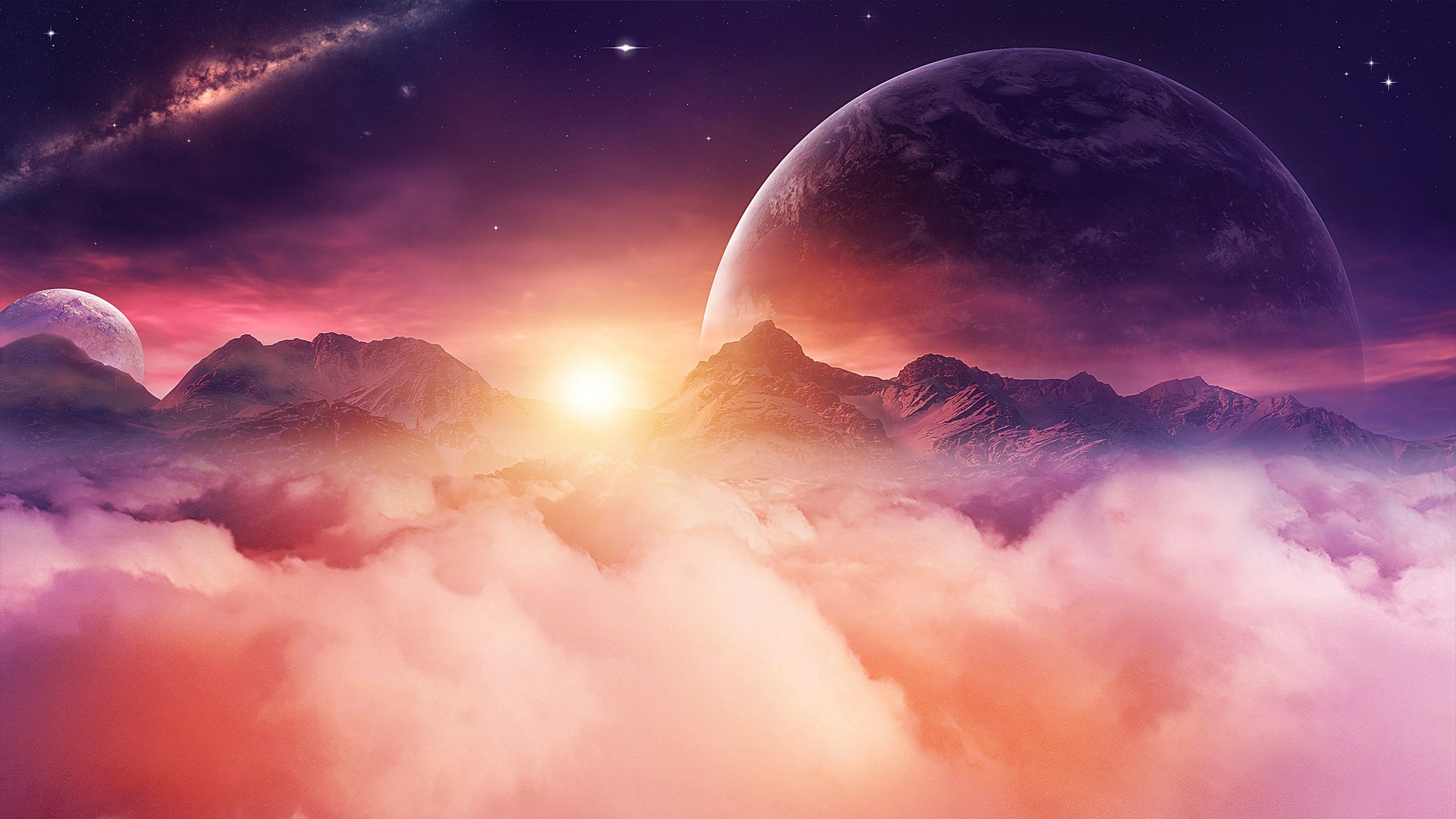Download Sky Galaxy Cloud Mountain Sunbeam Sunset Moon Planet Sci Fi Landscape  HD Wallpaper by Nikos23