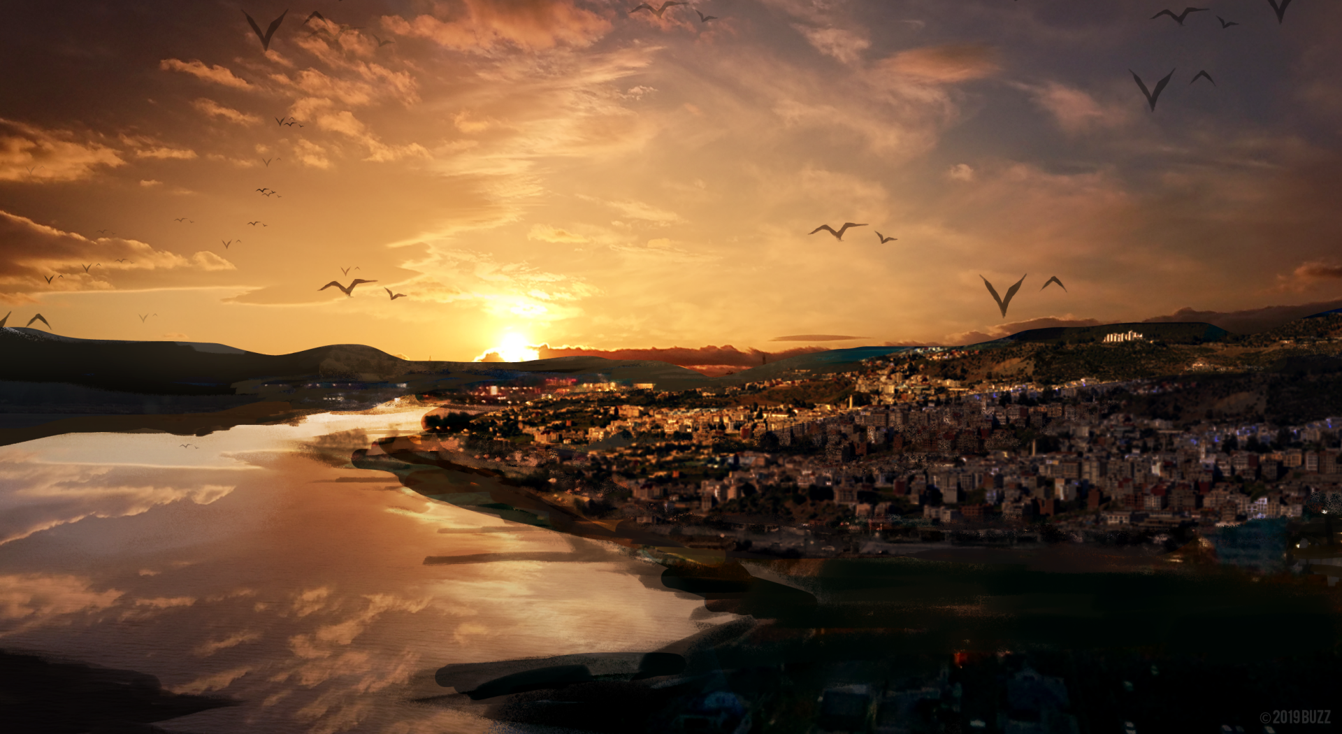 Anime cityscape at sunset with warm orange hues, birds flying, and a reflective river, presented as an HD PC desktop wallpaper and background.