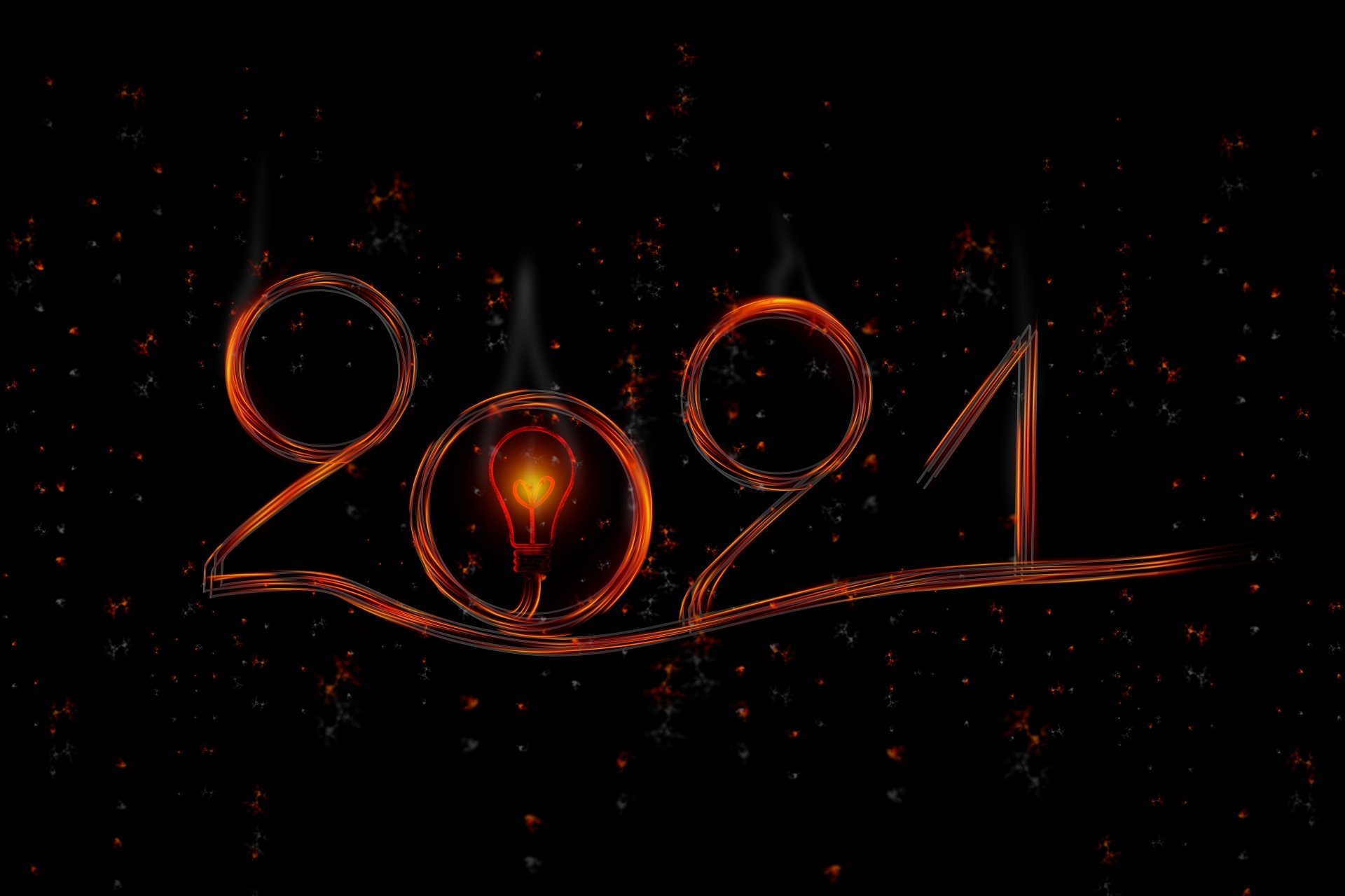 8K Ultra HD PC desktop wallpaper: glowing light bulb forms the zero in fiery '2021' script, festive sparks on a dark holiday New Year background.