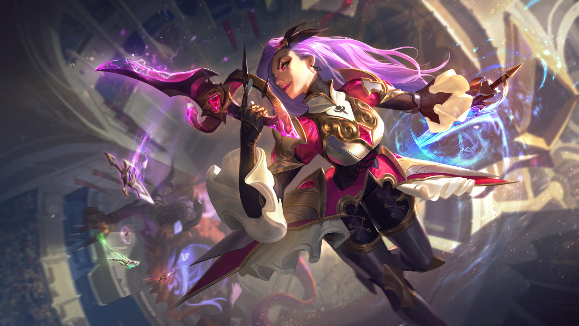Katarina (League of Legends) video game 4K Ultra HD PC wallpaper — purple‑haired assassin mid‑leap, blades whirling and luminous magic amid a shattered arena.