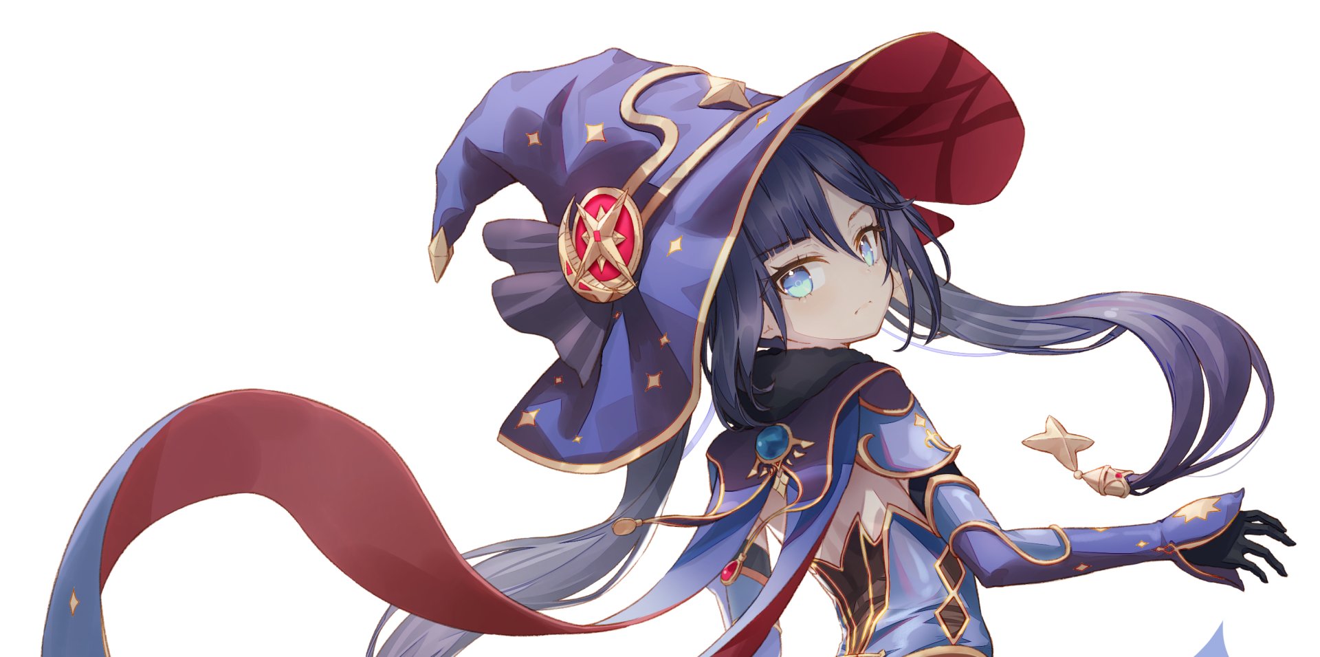 HD desktop wallpaper featuring Mona from the video game Genshin Impact, showcasing her detailed outfit and magical star-themed elements.