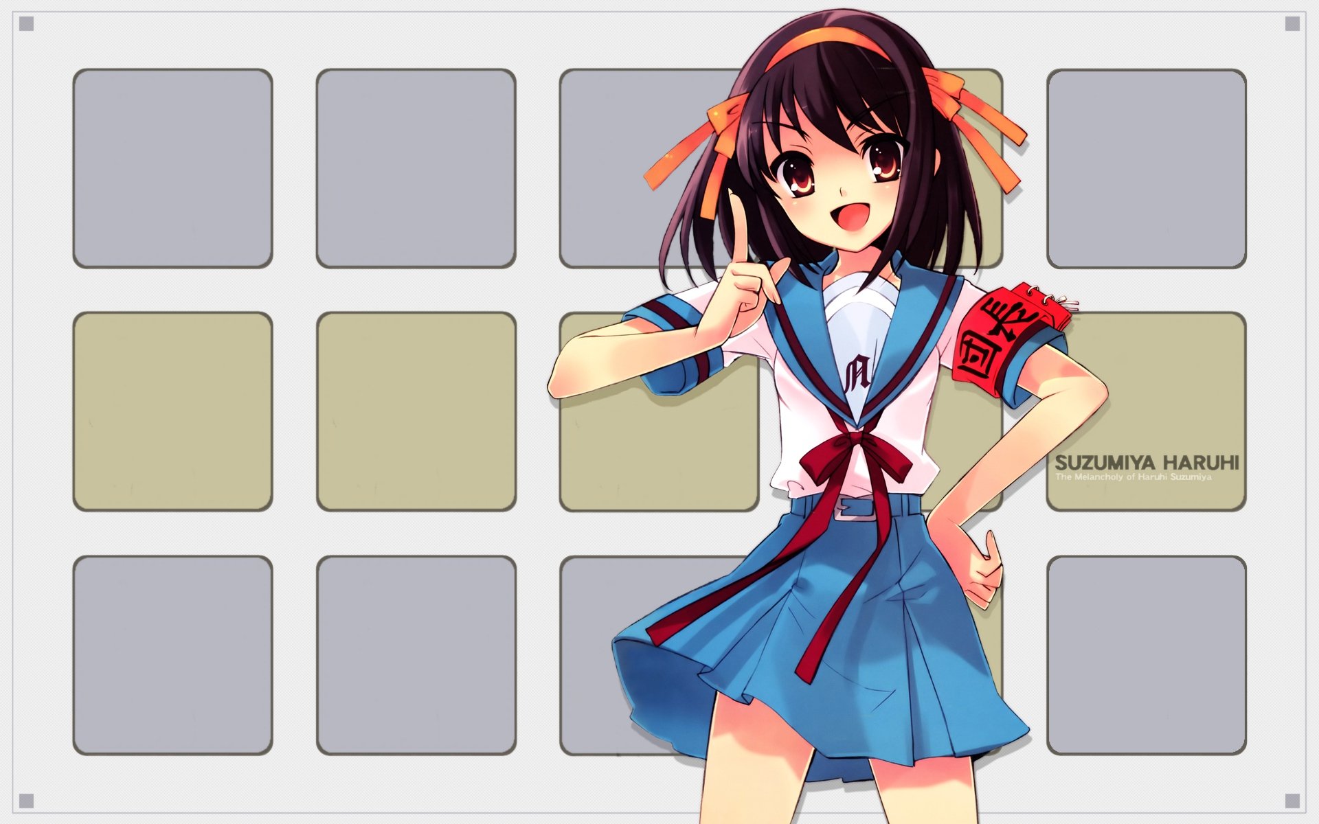 Haruhi Suzumiya from The Melancholy of Haruhi Suzumiya in her school uniform and armband, cheerful pose against a pastel tiled grid, HD PC desktop wallpaper/background, anime art.