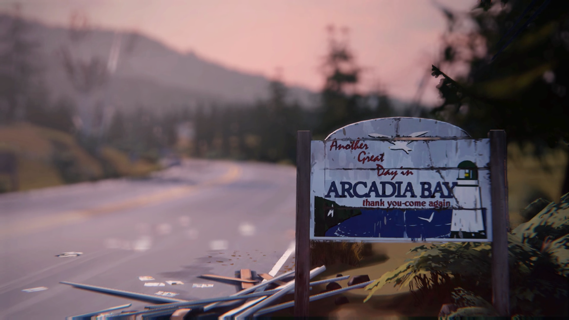 Arcadia Bay road sign at sunset from the video game Life Is Strange — HD PC desktop wallpaper showing a coastal highway, distant hills, pine trees, and drifting leaves.