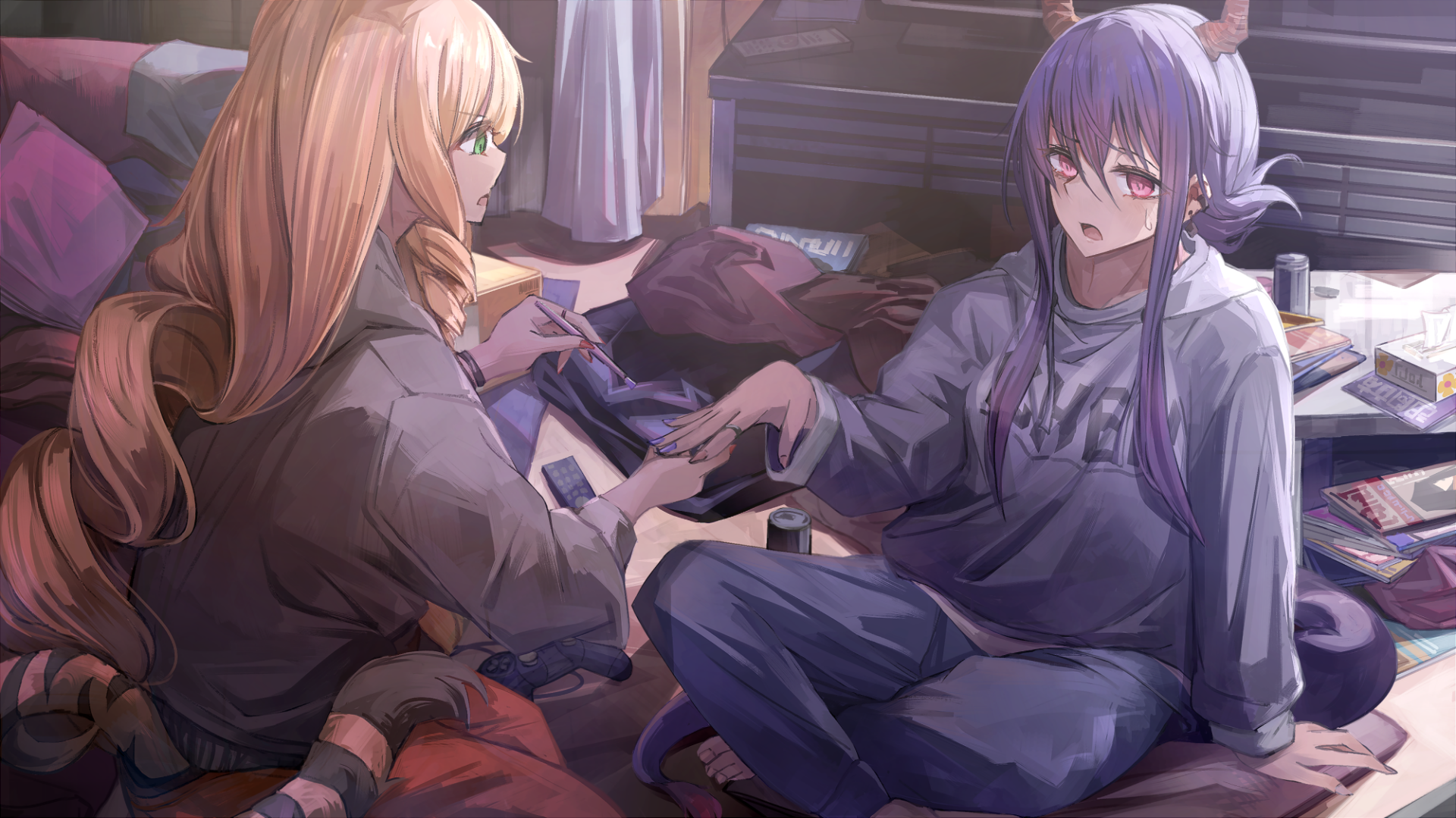 HD PC desktop wallpaper featuring Ch'en with blonde hair and green eyes alongside purple-haired Swire from the Arknights video game, set in a cozy indoor scene.