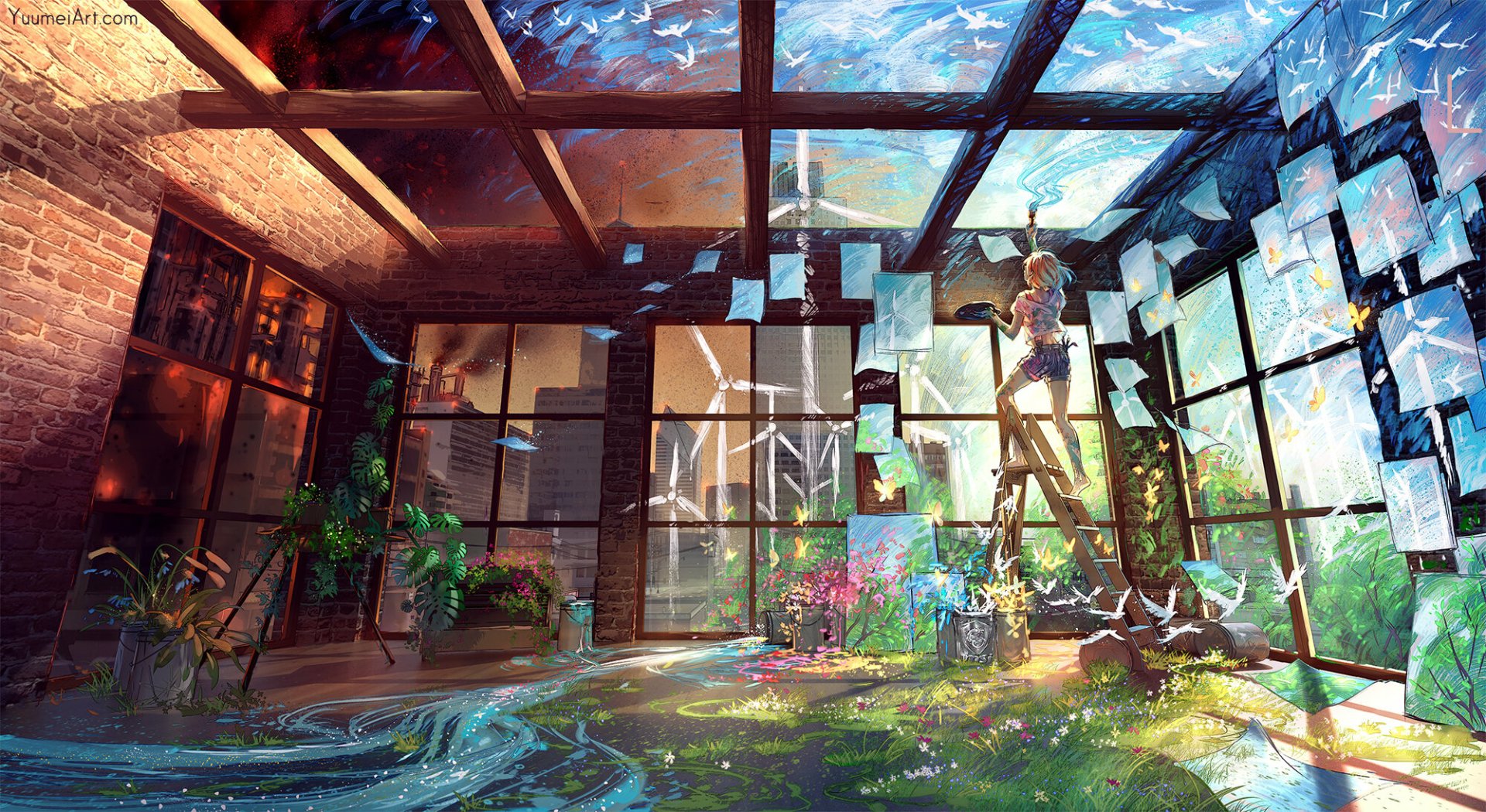 HD desktop wallpaper featuring a vibrant anime-style room with large windows, lush greenery, and colorful artwork.