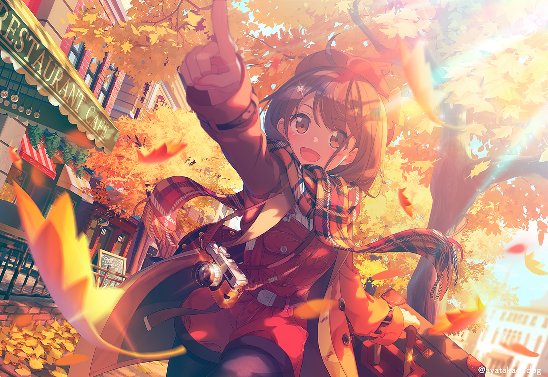 HD PC desktop wallpaper/background of an anime girl in a cozy autumn city scene, wearing a scarf and coat, smiling as orange leaves swirl in warm sunlight.
