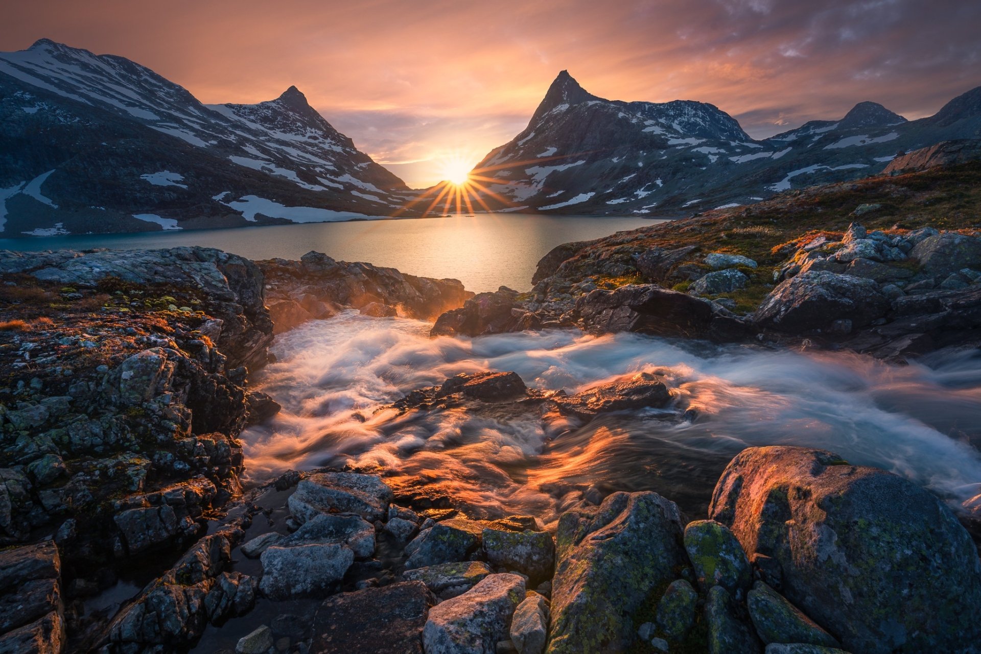 Download Norway Stream Lake Mountain Sunset Nature Sunbeam HD Wallpaper