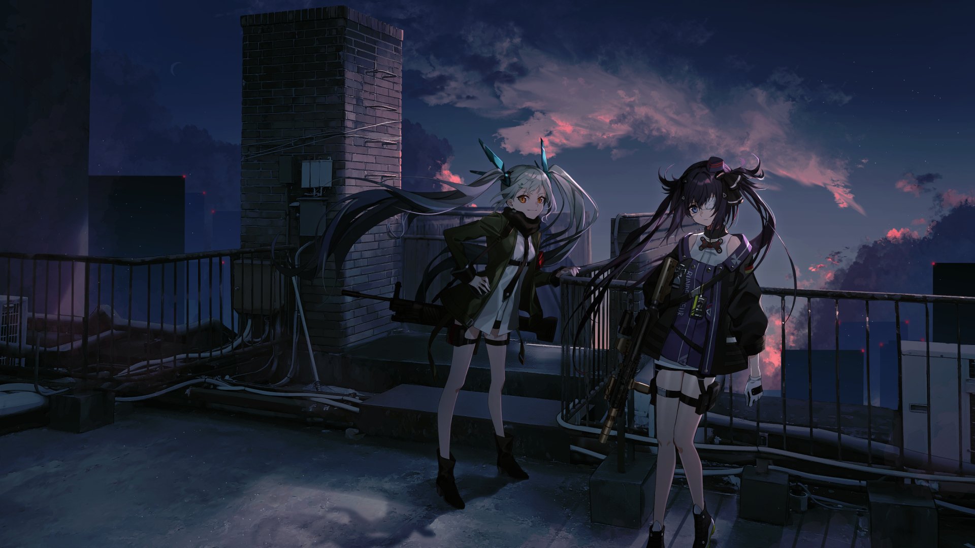 Girls' Frontline 2K Quad HD PC Desktop wallpaper and background: MG4 and HK416 with long hair on a rooftop at dusk, moody city skyline, video game artwork.