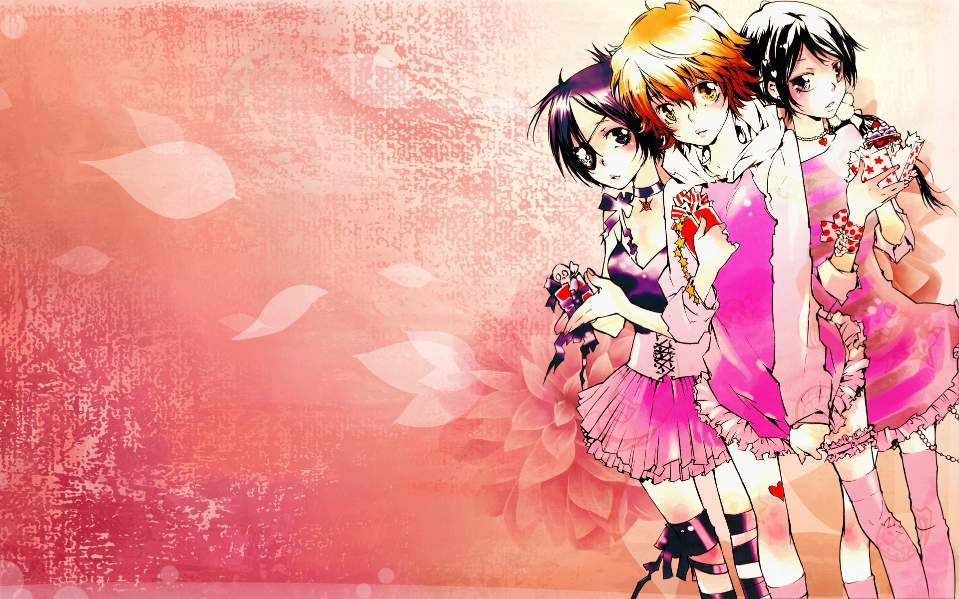 Anime-inspired wallpaper featuring characters from Katekyō Hitman Reborn! set against a soft pink floral background, showcasing vibrant colors and dynamic poses.