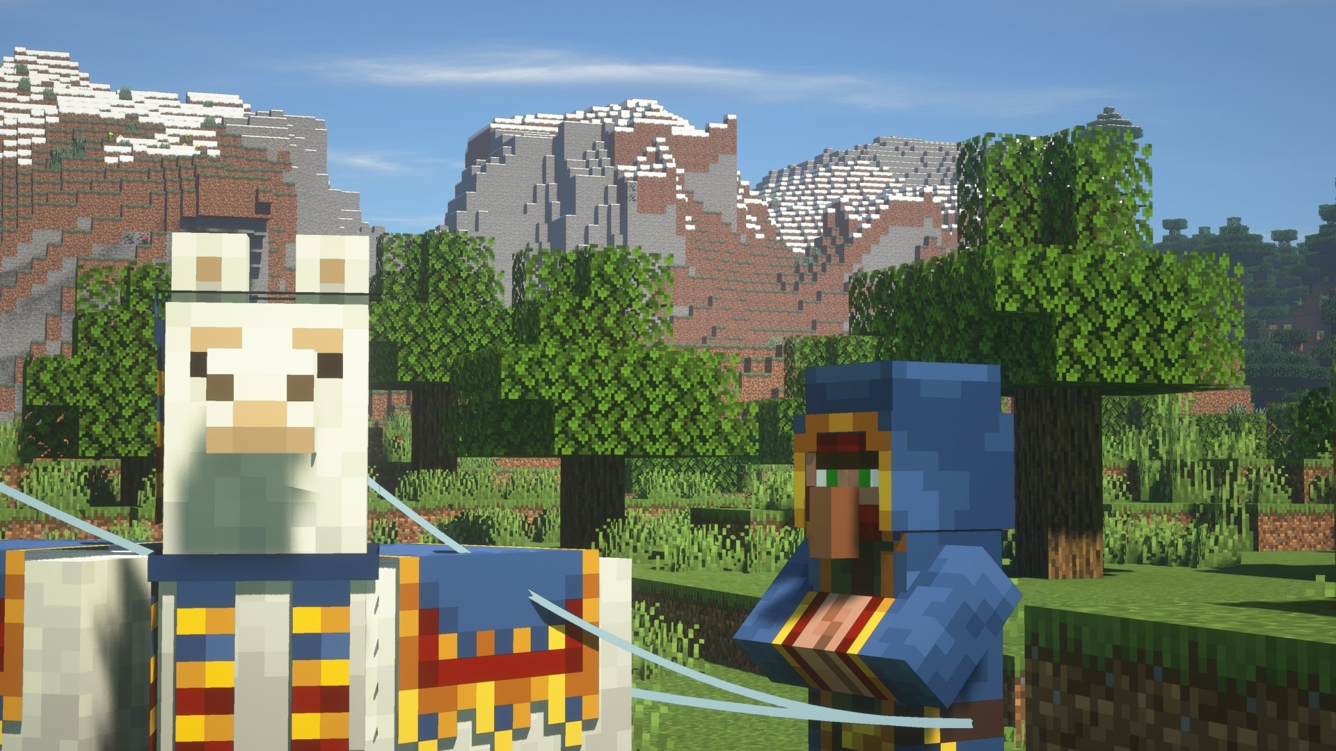 Minecraft video game 4K Ultra HD PC desktop wallpaper: sunlit blocky landscape with a decorated llama and a blue-robed villager by water, trees and mountains in the background.