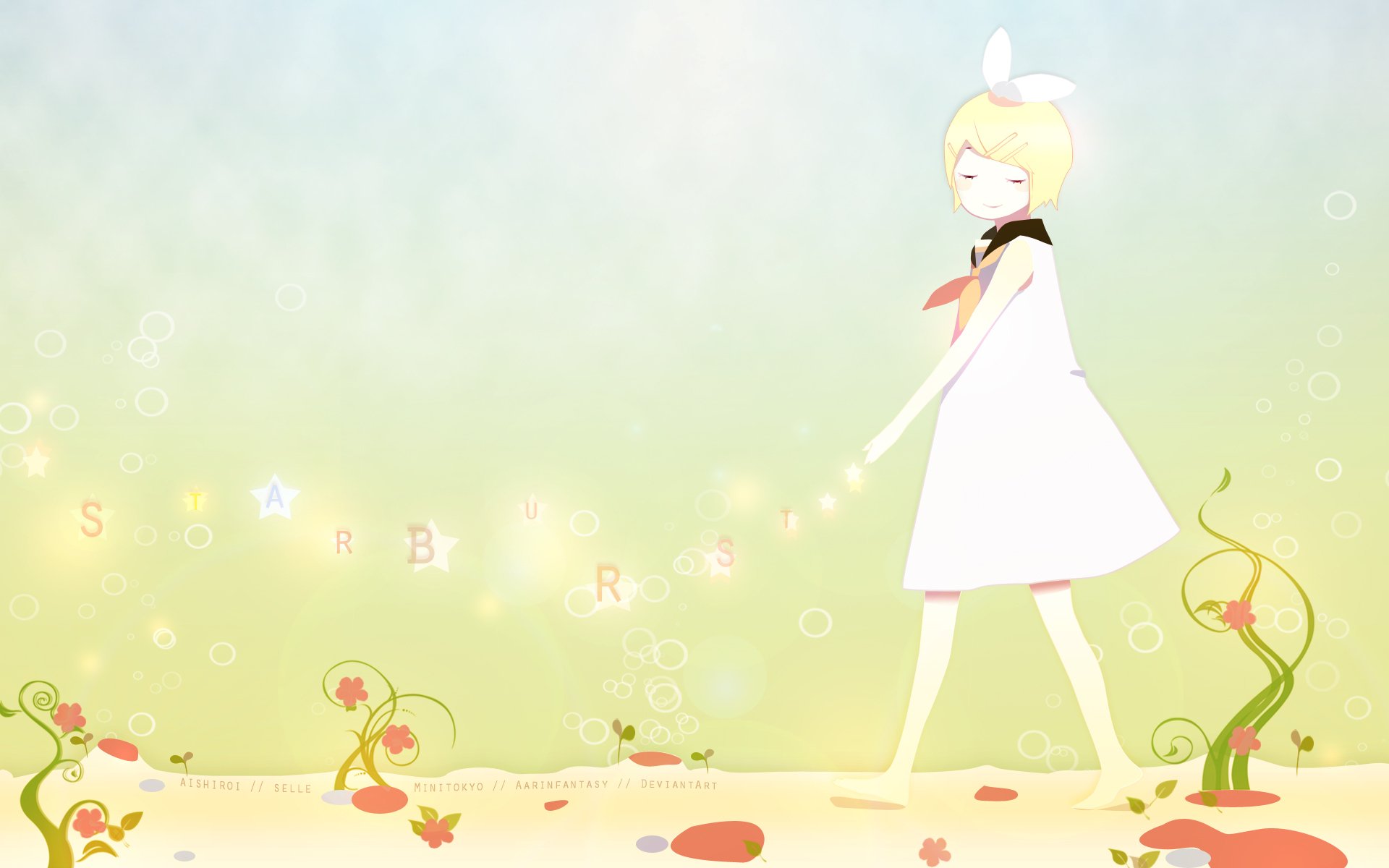 HD PC desktop wallpaper of Vocaloid Rin Kagamine: anime-style Rin in a white dress with bow, standing on a floral meadow against a pastel starburst background.