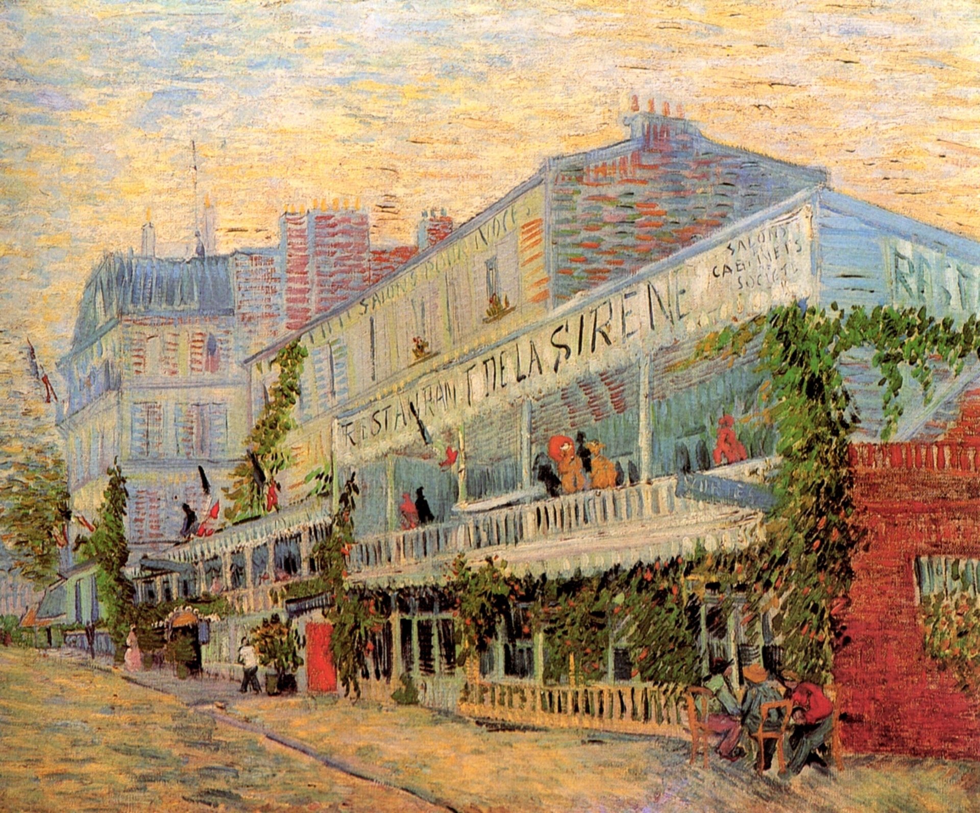 HD desktop wallpaper featuring Vincent Van Gogh's artistic painting of a Paris restaurant with vibrant brushstrokes and lively urban details.