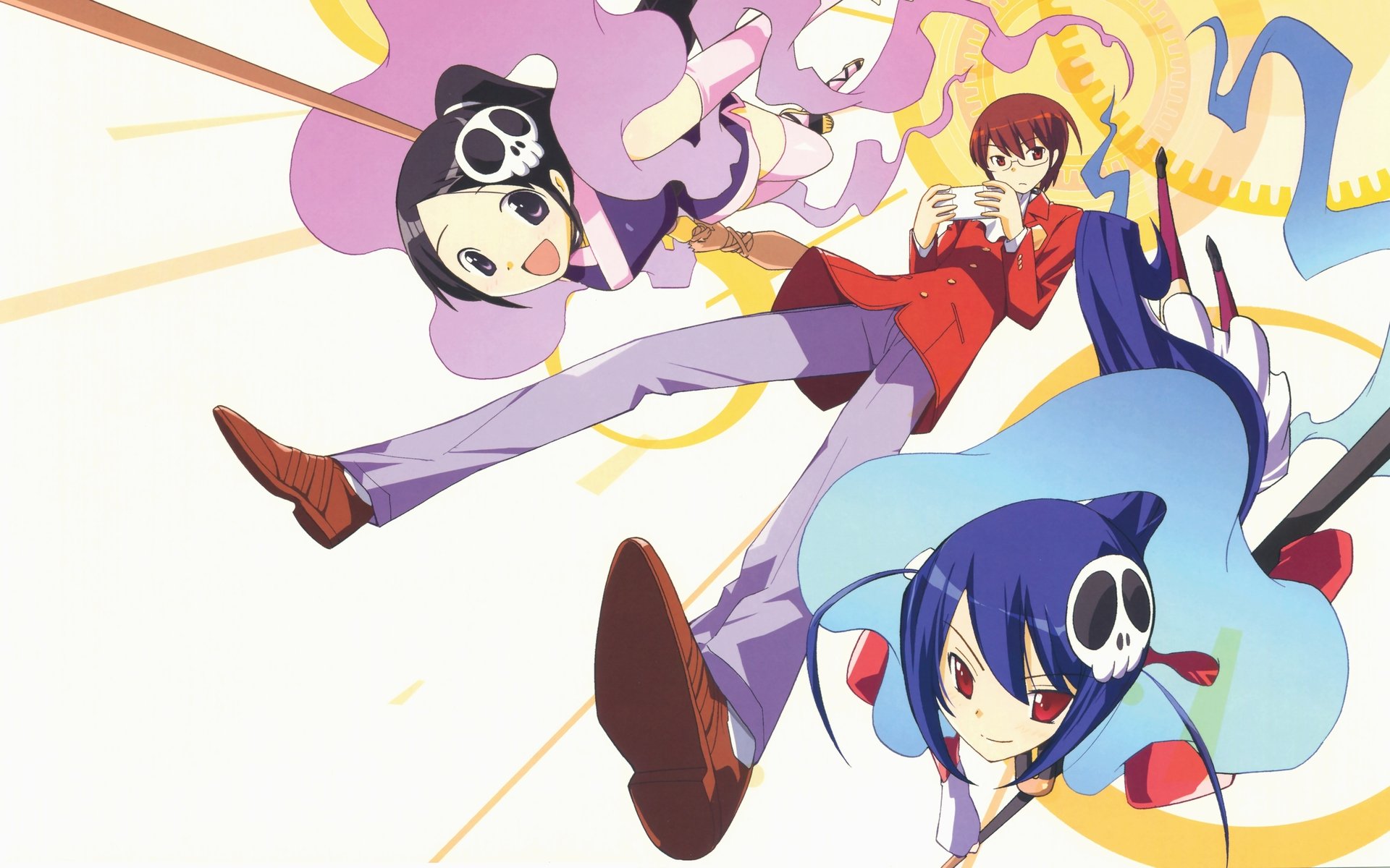 An HD PC desktop wallpaper featuring characters from the anime The World God Only Knows, showcasing vibrant colors and dynamic poses in an energetic composition.