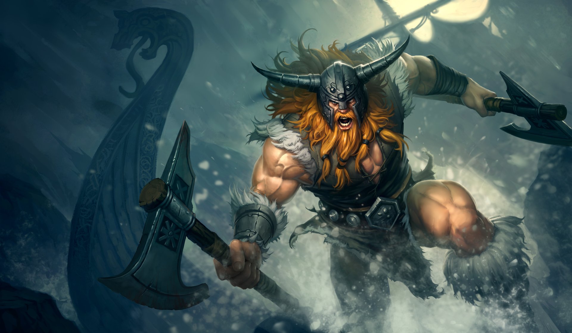 HD desktop wallpaper featuring Olaf from League of Legends, showcasing the fierce warrior brandishing axes, set against a dark, stormy background with elements of Norse mythology.