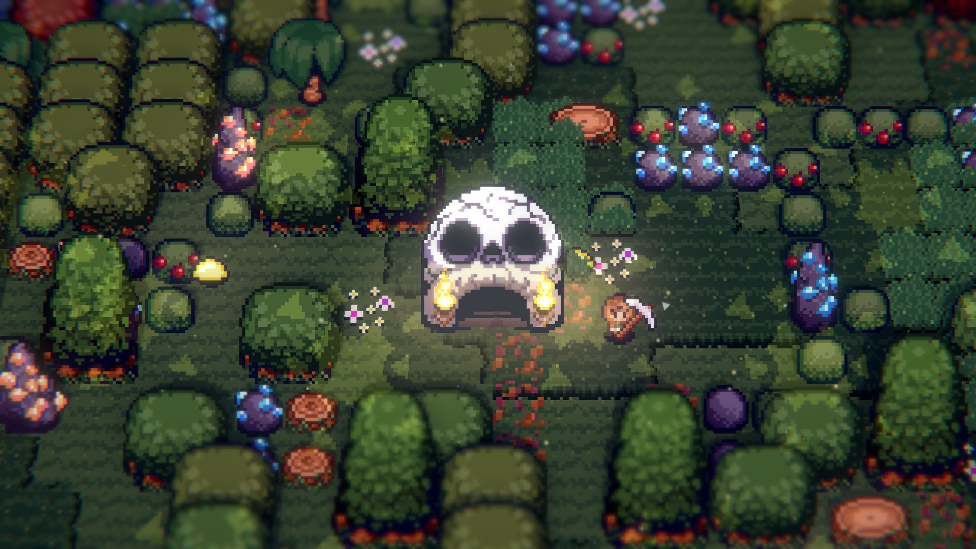 HD desktop wallpaper from Tinkertown featuring a stylized pixel art forest scene with a large skull and colorful vegetation.