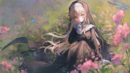 Sister Cleaire (Virtual Youtuber) nun long hair flower butterfly blonde brown eyes Nijisanji Anime Virtual Youtuber HD Desktop Wallpaper | Background Image