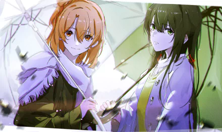 HD anime wallpaper featuring Yukino Yukinoshita with black hair and Yui Yuigahama with short orange hair, both holding umbrellas from My Teen Romantic Comedy SNAFU.