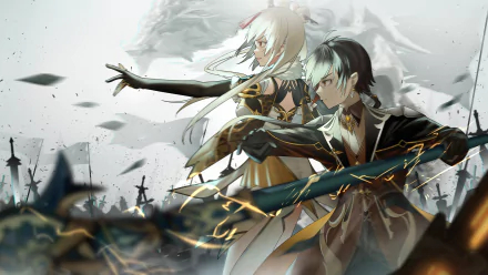 HD desktop wallpaper featuring Ningguang and Zhongli from Genshin Impact, set in a dynamic battle scene.