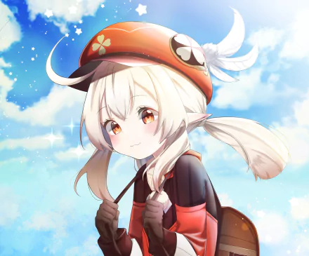 HD desktop wallpaper of Klee from Genshin Impact, featuring her with a bright sky background in vibrant anime-style artwork.