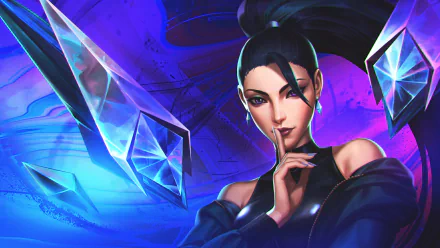 4K Ultra HD PC desktop wallpaper featuring Kai'Sa from League of Legends' K/DA, set against a vibrant, crystal-streaked blue background.