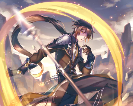 HD desktop wallpaper featuring Zhongli from the video game Genshin Impact, depicted in an action pose with a spear and a golden aura against a mountainous backdrop.