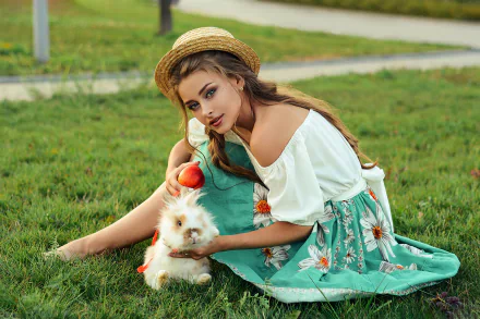 model Alina Stanislavskaya hat rabbit grass woman mood HD Desktop Wallpaper | Background Image