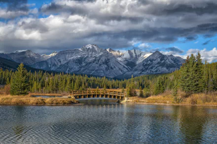 rocky mountains Alberta Canada lake bridge mountain forest nature banff national park HD Desktop Wallpaper | Background Image