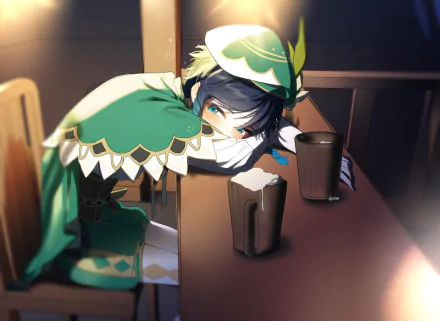 HD PC desktop wallpaper featuring Venti from the video game Genshin Impact resting on a bar counter with soft lighting and detailed shading.